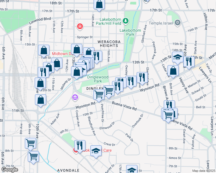 map of restaurants, bars, coffee shops, grocery stores, and more near 1203 16th Avenue in Columbus