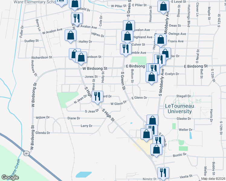 map of restaurants, bars, coffee shops, grocery stores, and more near 8 Rowland Dr in Longview