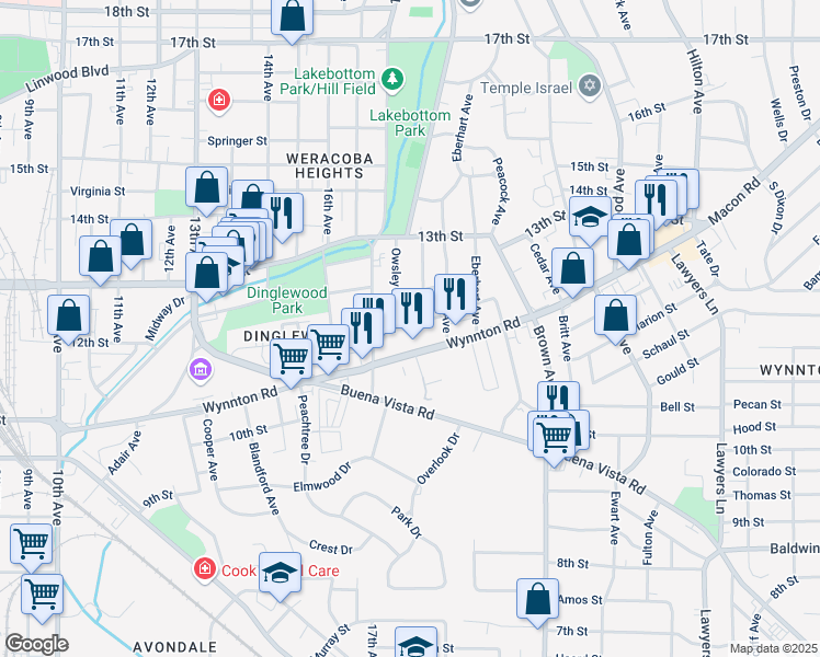 map of restaurants, bars, coffee shops, grocery stores, and more near 1900 12th Street in Columbus