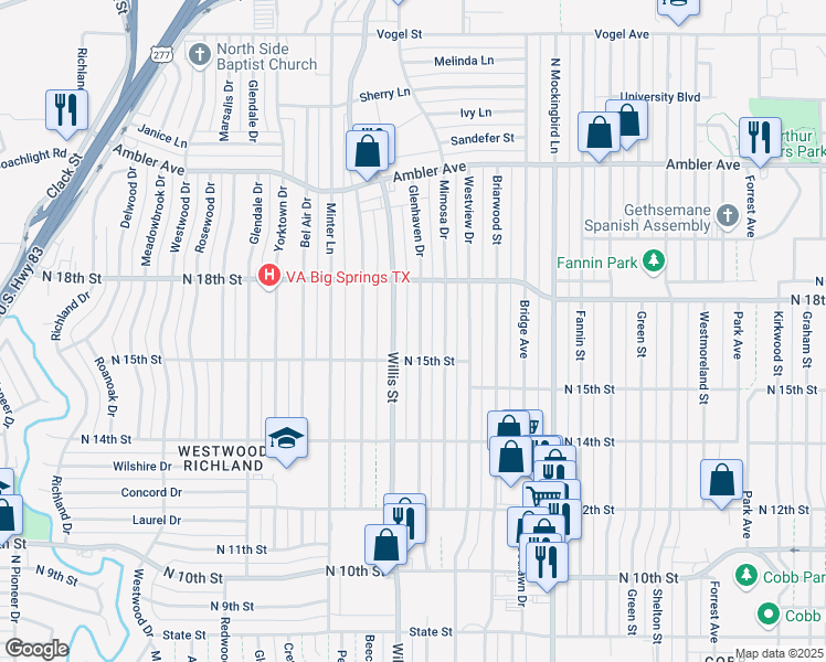 map of restaurants, bars, coffee shops, grocery stores, and more near 1600 Glenhaven Dr in Abilene