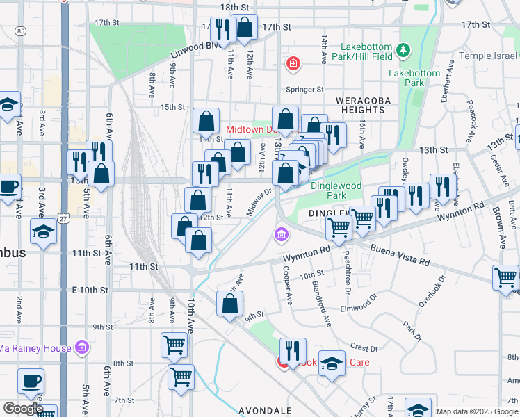 map of restaurants, bars, coffee shops, grocery stores, and more near 1266-1298 Warren Williams Road in Columbus