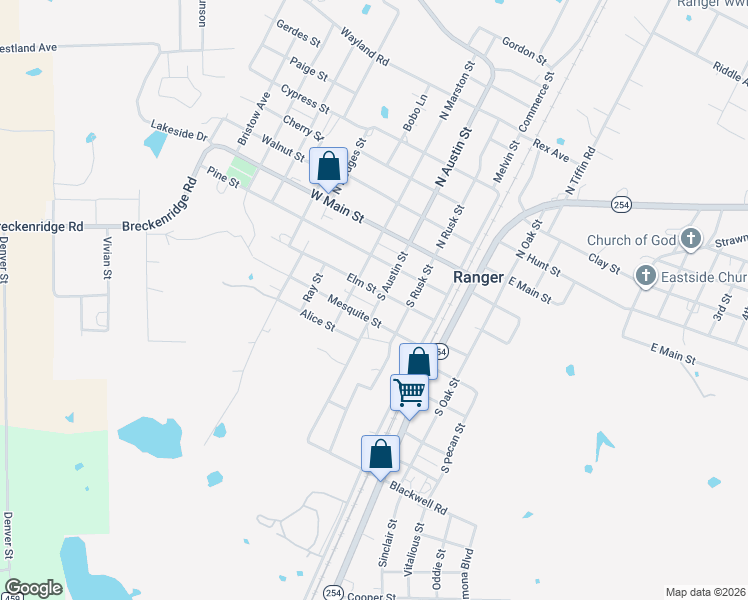 map of restaurants, bars, coffee shops, grocery stores, and more near 305 South Austin Street in Ranger