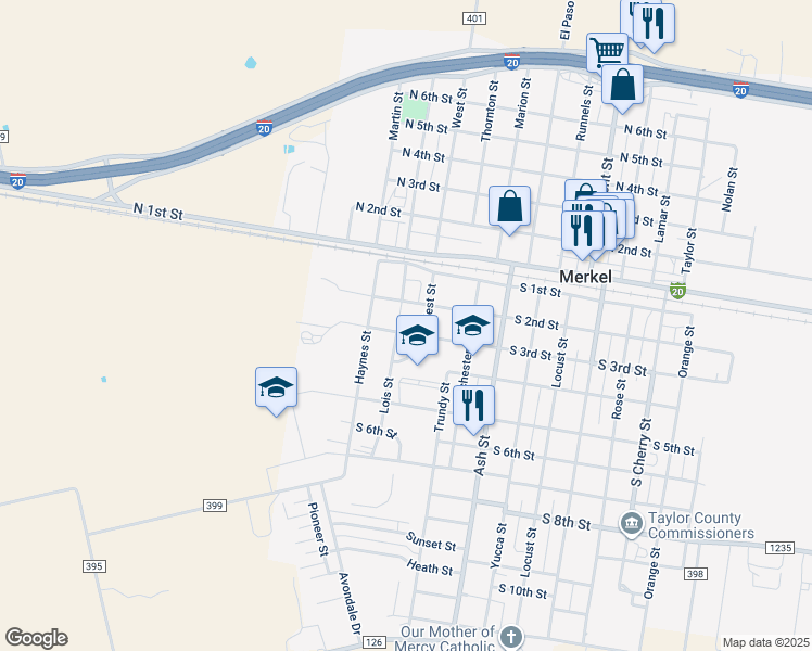 map of restaurants, bars, coffee shops, grocery stores, and more near 1606 South 3rd Street in Merkel