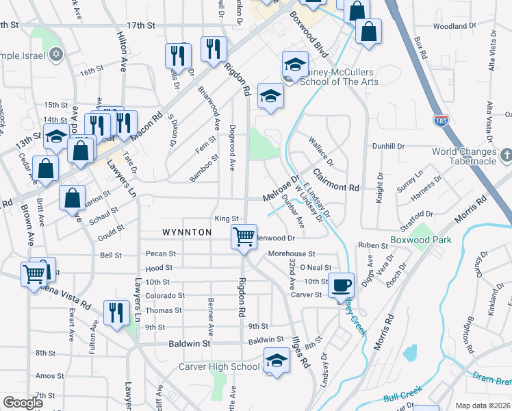 map of restaurants, bars, coffee shops, grocery stores, and more near 3012 Melrose Drive in Columbus