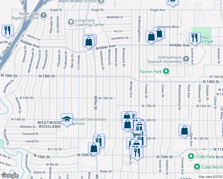 map of restaurants, bars, coffee shops, grocery stores, and more near 1601 Mimosa Dr in Abilene