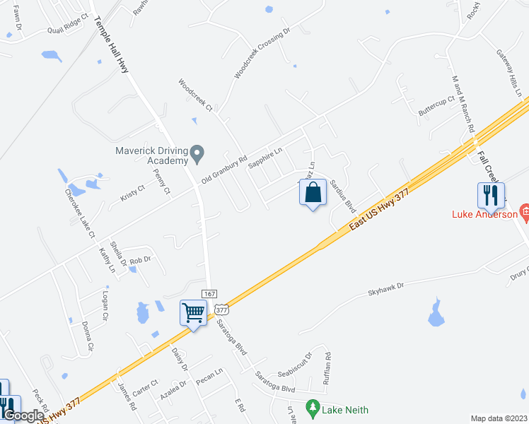 map of restaurants, bars, coffee shops, grocery stores, and more near 4000 Sapphire Lane in Granbury