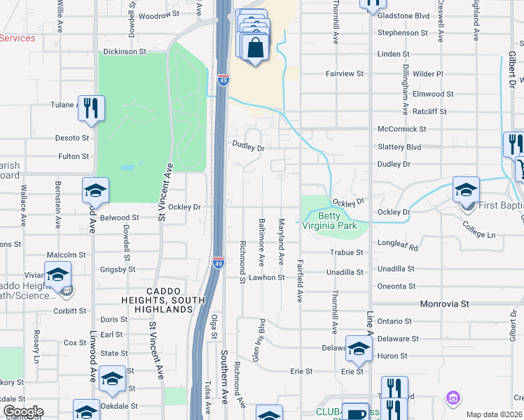 map of restaurants, bars, coffee shops, grocery stores, and more near 3902 Baltimore Avenue in Shreveport