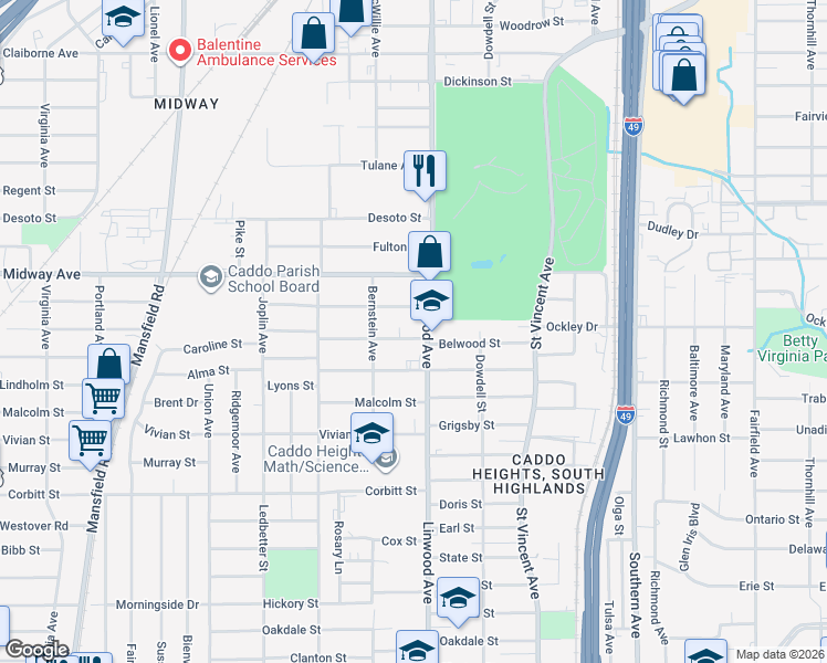 map of restaurants, bars, coffee shops, grocery stores, and more near 1616 Caroline Street in Shreveport