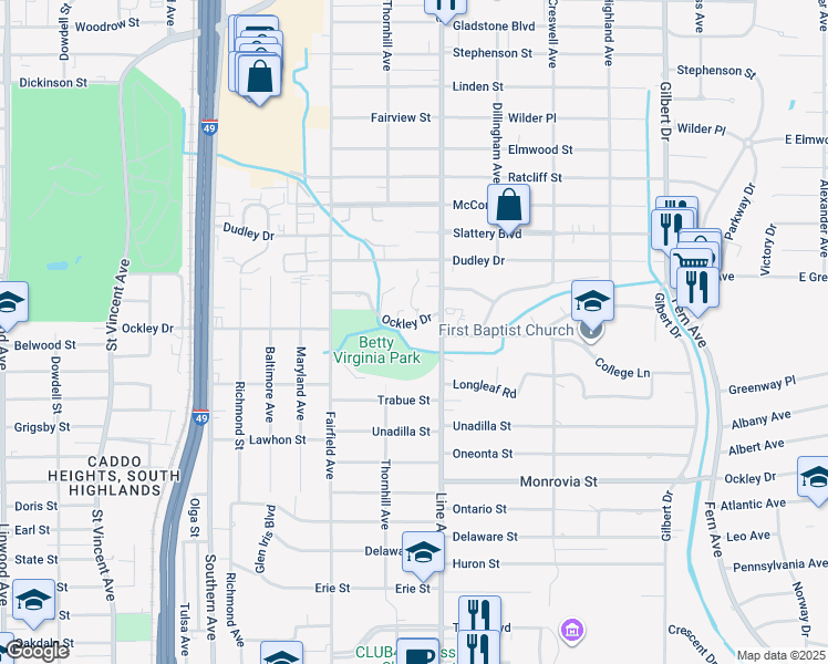 map of restaurants, bars, coffee shops, grocery stores, and more near 835 Ockley Drive in Shreveport