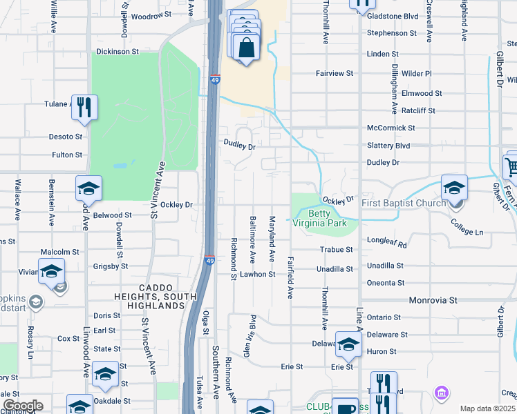 map of restaurants, bars, coffee shops, grocery stores, and more near 3901 Baltimore Avenue in Shreveport