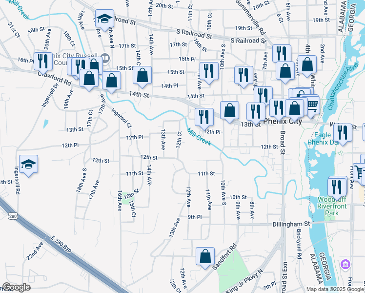 map of restaurants, bars, coffee shops, grocery stores, and more near 1210 12th Court in Phenix City