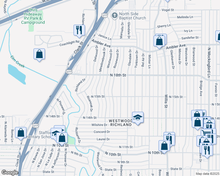 map of restaurants, bars, coffee shops, grocery stores, and more near 1602 Rosewood Drive in Abilene