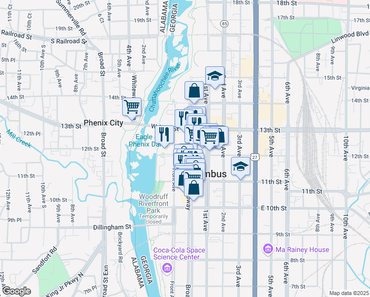 map of restaurants, bars, coffee shops, grocery stores, and more near 1204 Broadway in Columbus