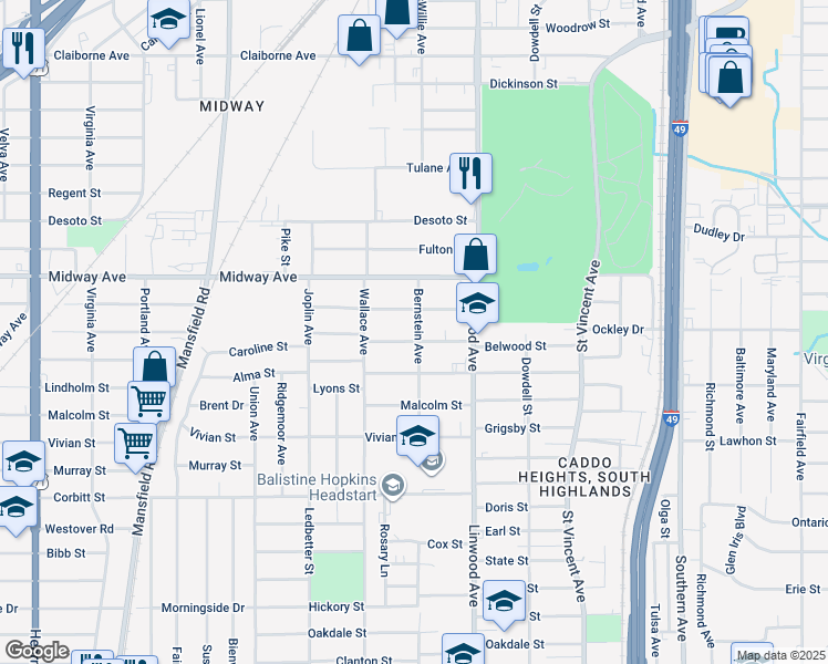 map of restaurants, bars, coffee shops, grocery stores, and more near 1656 Caroline Street in Shreveport