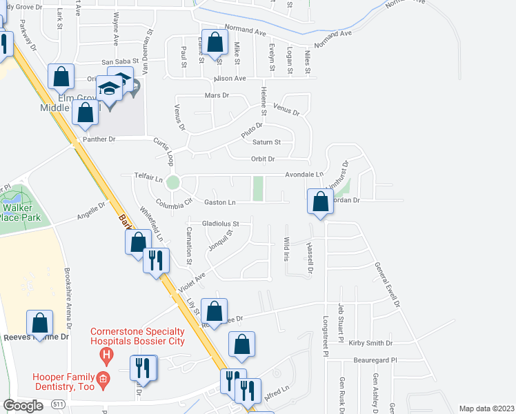 map of restaurants, bars, coffee shops, grocery stores, and more near 347 Gaston Lane in Bossier City