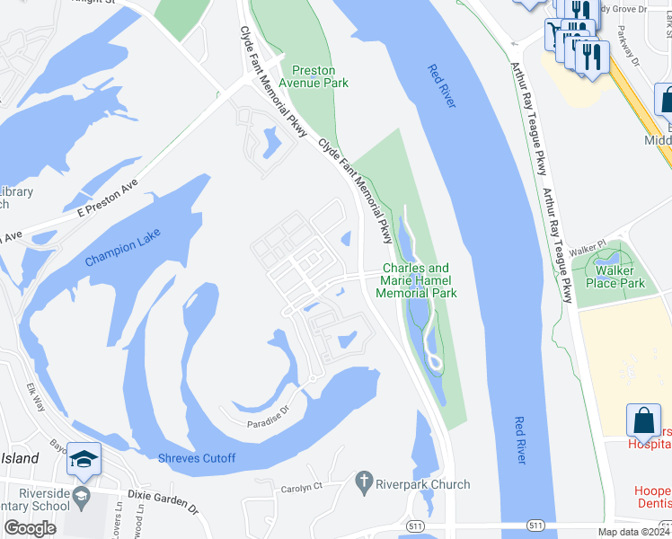 map of restaurants, bars, coffee shops, grocery stores, and more near 1104 Island Park Boulevard in Shreveport