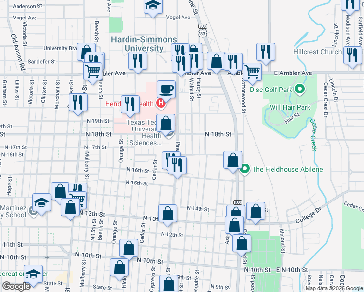 map of restaurants, bars, coffee shops, grocery stores, and more near 1717 Pine Street in Abilene