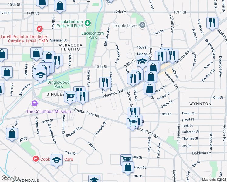 map of restaurants, bars, coffee shops, grocery stores, and more near 2001 Wynnton Road in Columbus