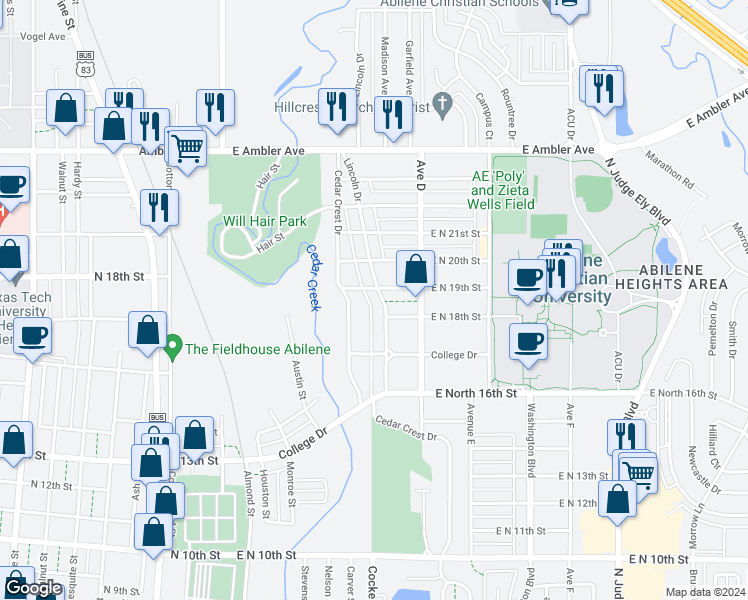 map of restaurants, bars, coffee shops, grocery stores, and more near 1826 Lincoln Drive in Abilene