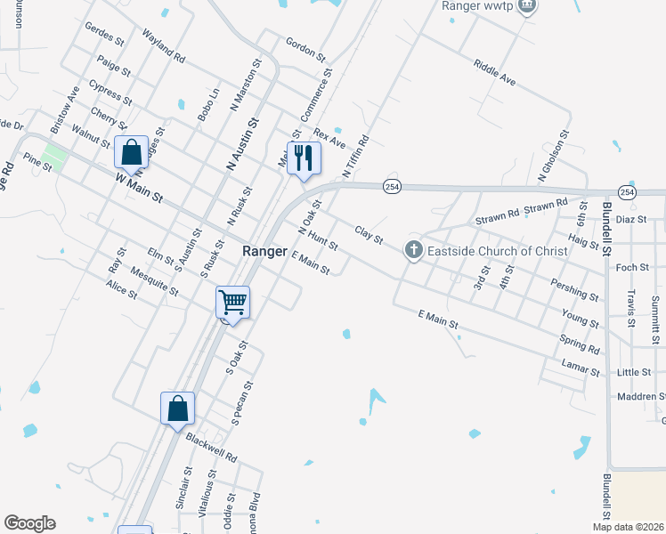 map of restaurants, bars, coffee shops, grocery stores, and more near 316 East Main Street in Ranger
