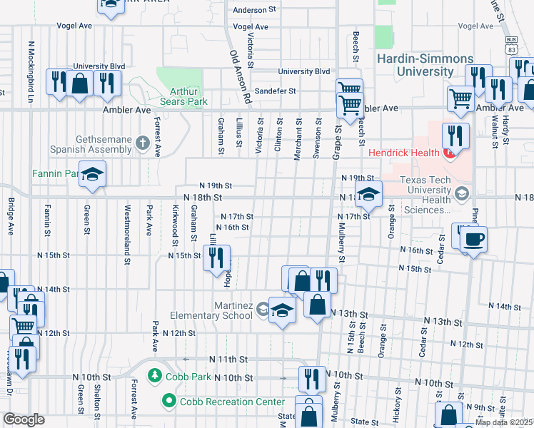 map of restaurants, bars, coffee shops, grocery stores, and more near 1930 North 17th Street in Abilene