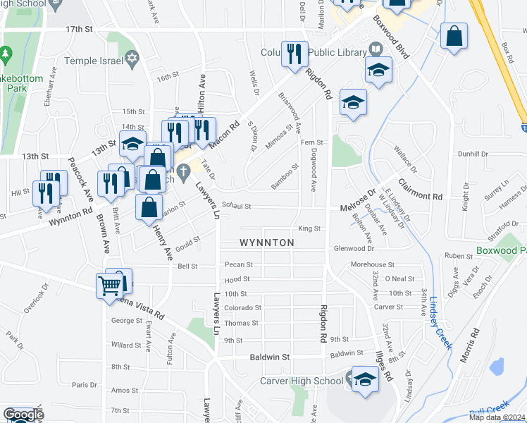 map of restaurants, bars, coffee shops, grocery stores, and more near 2736 Schaul Street in Columbus