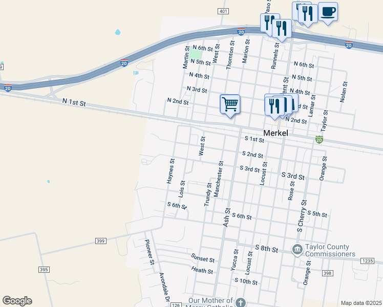 map of restaurants, bars, coffee shops, grocery stores, and more near 1606 South 3rd Street in Merkel