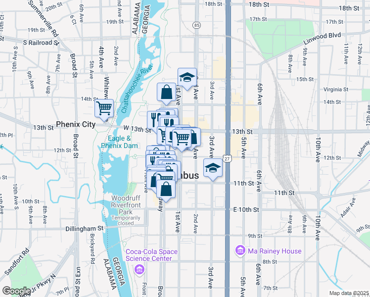 map of restaurants, bars, coffee shops, grocery stores, and more near in Columbus