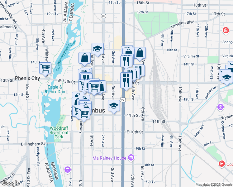 map of restaurants, bars, coffee shops, grocery stores, and more near 1214 3rd Avenue in Columbus