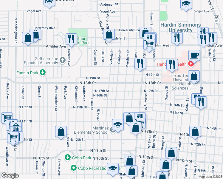 map of restaurants, bars, coffee shops, grocery stores, and more near 1930 North 17th Street in Abilene