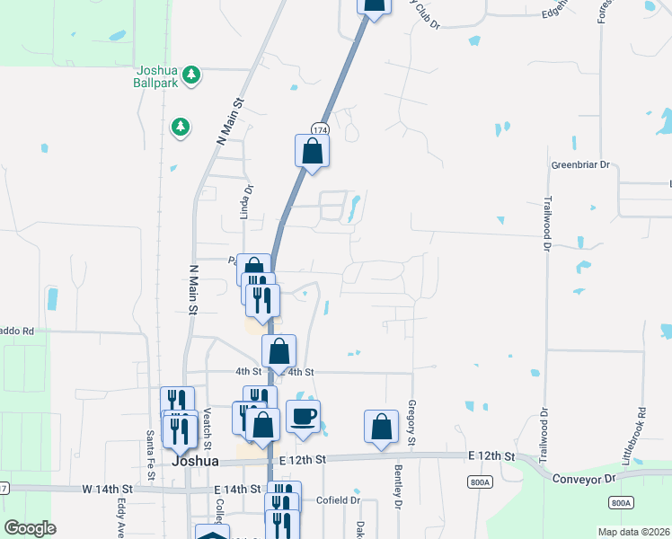 map of restaurants, bars, coffee shops, grocery stores, and more near 136 Oak Hill Drive in Joshua