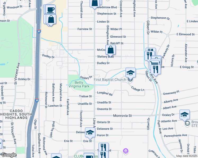 map of restaurants, bars, coffee shops, grocery stores, and more near 748 Ockley Drive in Shreveport