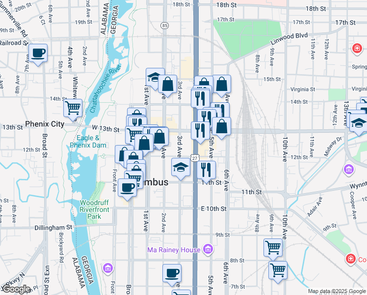 map of restaurants, bars, coffee shops, grocery stores, and more near 1214 3rd Avenue in Columbus
