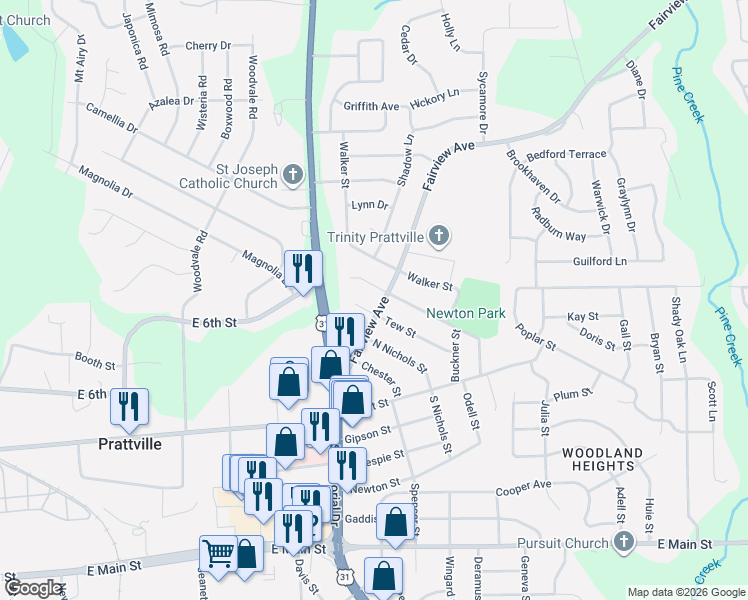 map of restaurants, bars, coffee shops, grocery stores, and more near 102 Tew Court in Prattville