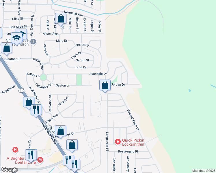 map of restaurants, bars, coffee shops, grocery stores, and more near 425 Jordan Drive in Bossier City