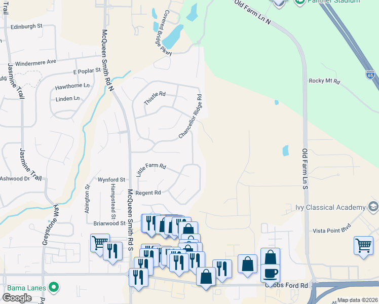 map of restaurants, bars, coffee shops, grocery stores, and more near 607 Castle Brood Road in Prattville
