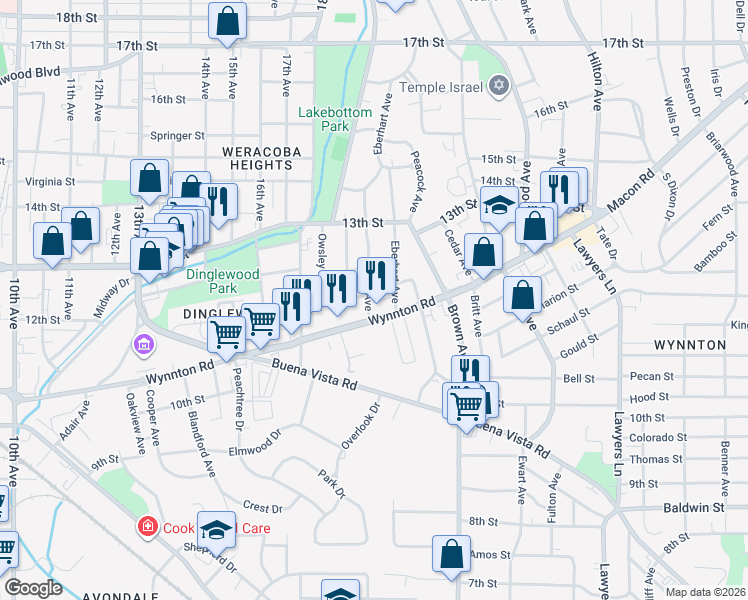 map of restaurants, bars, coffee shops, grocery stores, and more near 1933 Wynnton Road in Columbus