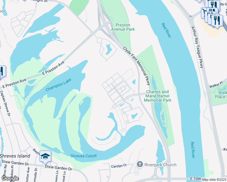 map of restaurants, bars, coffee shops, grocery stores, and more near 1052 Sunshine Lane in Shreveport