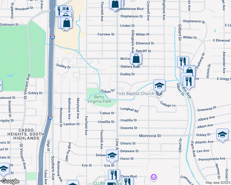 map of restaurants, bars, coffee shops, grocery stores, and more near 835 Ockley Drive in Shreveport