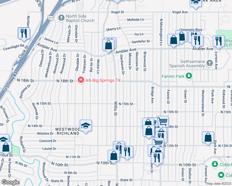 map of restaurants, bars, coffee shops, grocery stores, and more near 1600 Glenhaven Drive in Abilene