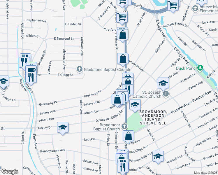 map of restaurants, bars, coffee shops, grocery stores, and more near 3745 Greenway Place in Shreveport