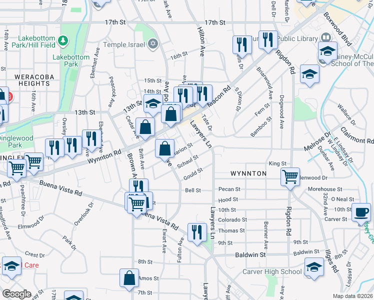 map of restaurants, bars, coffee shops, grocery stores, and more near 2440 Marion Street in Columbus