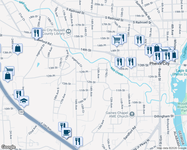 map of restaurants, bars, coffee shops, grocery stores, and more near 1205 14th Avenue in Phenix City