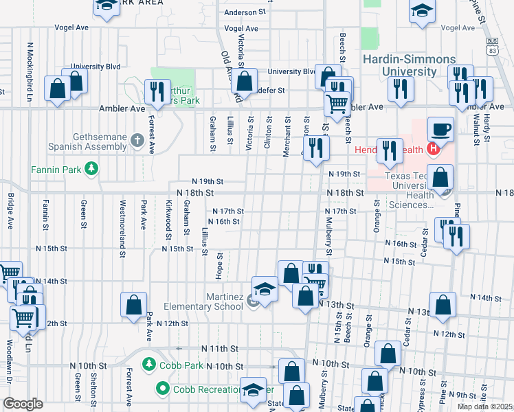 map of restaurants, bars, coffee shops, grocery stores, and more near 1930 North 17th Street in Abilene