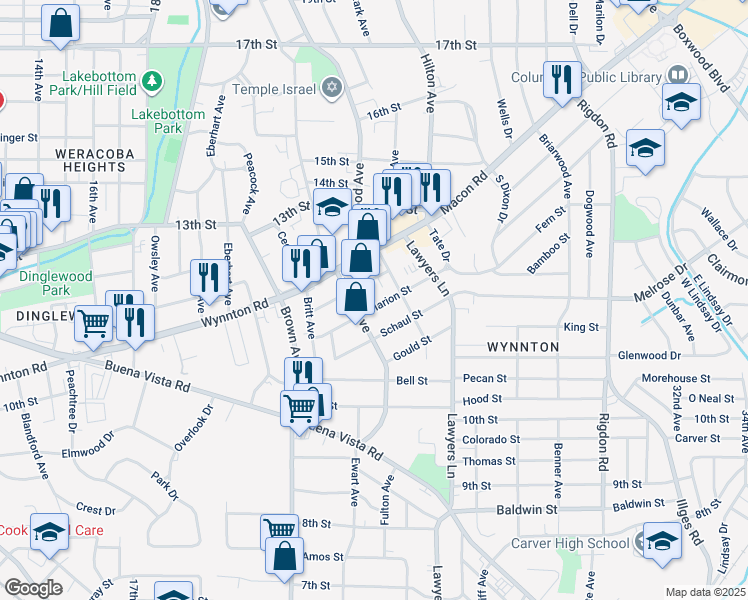 map of restaurants, bars, coffee shops, grocery stores, and more near 2416 Marion Street in Columbus