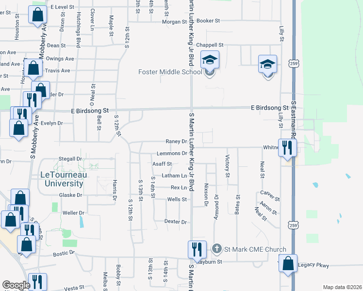 map of restaurants, bars, coffee shops, grocery stores, and more near 1203 Lemmons Drive in Longview