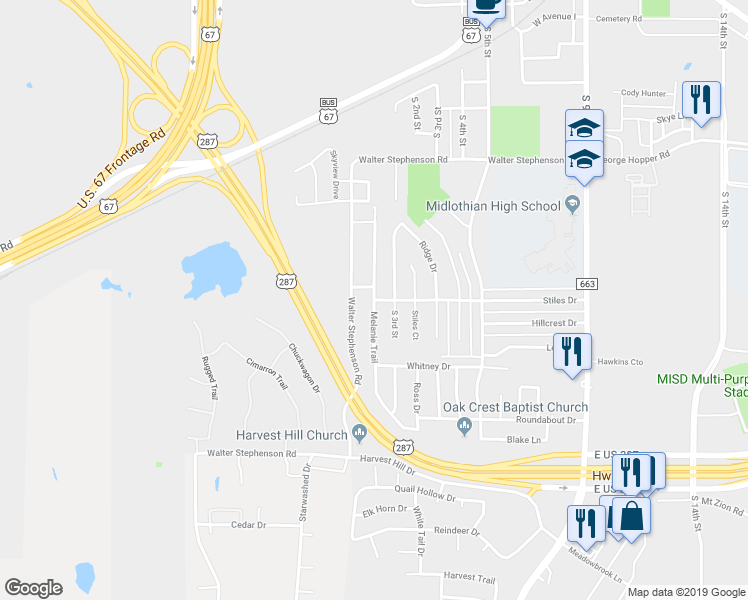 map of restaurants, bars, coffee shops, grocery stores, and more near 1502 Melanie Trail in Midlothian
