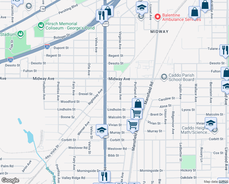 map of restaurants, bars, coffee shops, grocery stores, and more near 2618 Drexel Street in Shreveport