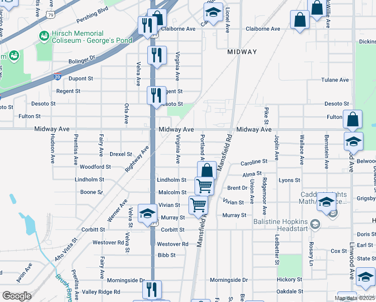 map of restaurants, bars, coffee shops, grocery stores, and more near 2536 Drexel Street in Shreveport