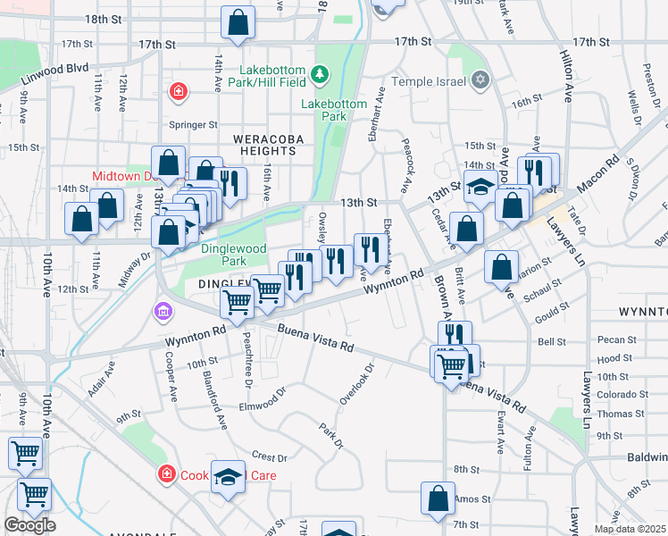 map of restaurants, bars, coffee shops, grocery stores, and more near 1900 12th Street in Columbus